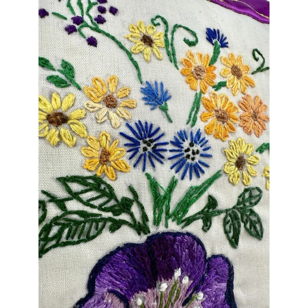 Handmade Embroidered Floral Butterfly Throw Pillow 12x12 Purple‎ Satin EUC
